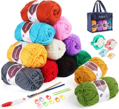 Produktbild von Häkelgarn 12 Farben * 50g, Wolle Zum Stricken Acryl Wolle Set Serie Handstrickgarn Baumwollgarn mit 2 Häkelnadeln es 4 Größen für Häkeln und Fluff Ball