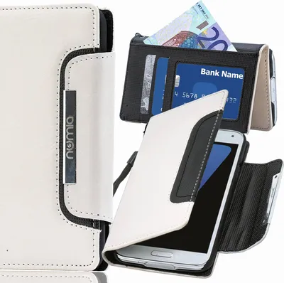 A collage of images showing a white and black flip-style phone case, with one image showing the case open with a phone inside, and another showing the wallet feature with cards and money.