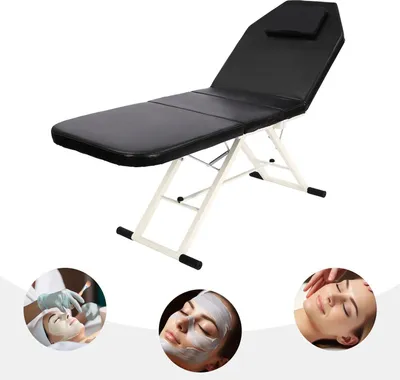 Obrázok produktu pre Masážne lehátko – prenosné skladacie salónne lehátko – nastaviteľné operadlo 70°, nožný koniec 45°, nosnosť 250 kg, rozmery 182 × 60 cm, zložené 91 × 60 × 26 cm – čierne