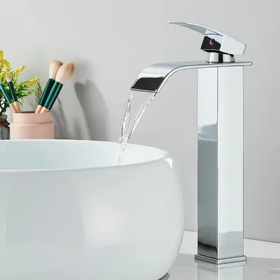 Produktbild von Waschtischarmatur - Badezimmer Wasserhahn - Hoch - Chrom - Wasserfall-Auslauf - Einhebel - Einlochmontage - Keramikkartusche