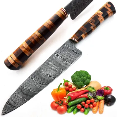 Damastmesser, handgeschmiedet, 33 cm, Klinge 20 cm, D2-Stahl