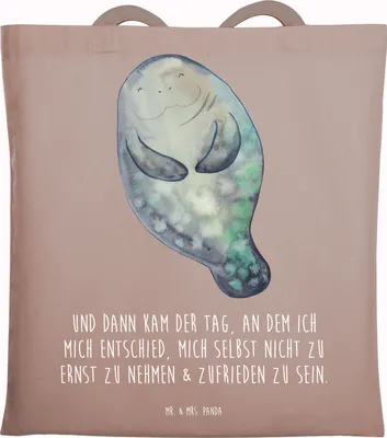 Produktbild von Mr. & Mrs. Panda Shopping Tasche Seekuh Happy - Braun Pastell - Geschenk, Freundin, Meer, festivaltasche, Respekt, Tote Bag, Jutebeutel, Zufrieden, Uni, Neustart