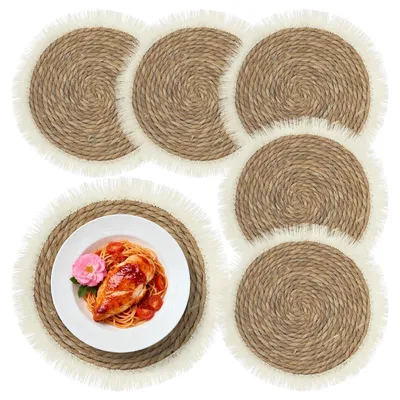 Produktbild von Set aus 6 runden geflochtenen Platzdeckchen - Waschbare und hitzebeständige Tischmatten, Beige