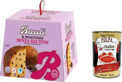 Produktbild von Bauli Panettone Senza glutine con gocce di cioccolato Glutenfreier Panettone mit Schokoladenstückchen 400gr + Italian Gourmet polpa 400g