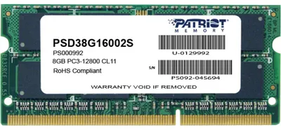 Obrázek produktu pro Patriot Memory 8GB PC3-12800, 8 GB, 1 x 8 GB, DDR3, 1600 MHz, 204-pin SO-DIMM