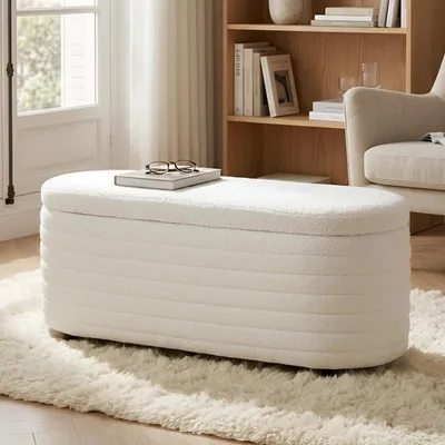 Immagine prodotto di Panca con spazio contenitore, baule imbottito in tessuto tipo "teddy", colore bianco, 115,5 cm