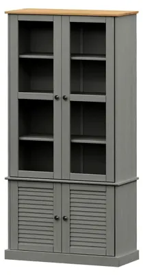 Produktbild von Glasvitrine mit Einlegeböden, viel Stauraum, Schrank mit Glastüren, Küchenschrank Hochschrank Highboard, Grau Kiefer Massivholz