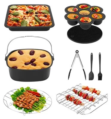 Obrázek produktu pro Airfryer/horkovzdušná fritéza – sada příslušenství – pro 5,5 l – nerezová ocel 304 – plech na pizzu – formy na pečení – gril BBQ – nástroje na pečení dortů