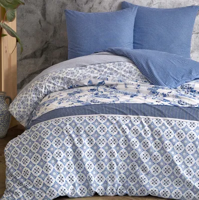Produktbild von Bettwäsche 155x220 + 80x80 cm Baumwolle Renforce Blau grau Ornamente, 4-teilig
