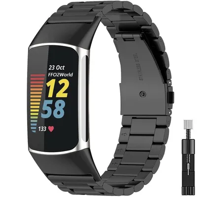 Produktbild von FFO2World Edelstahl Armband Kompatibel mit Fitbit Charge 6/5 – Klassisches Schwarz – Ersatzband mit Werkzeug – Leicht, Robust & Verstellbar
