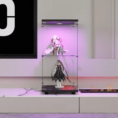 A display cabinet with two shelves, showcasing two anime figurines. The cabinet is lit with purple LED lights, and it sits on a white marble-like surface. A large black screen with a white '0' is visible on the left.