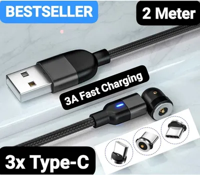 Produktbild von 3in1 Magnet, 360°&180° Ladekabel, 2 Meter, LED, Schellladekabel, 3A, USB-C , Type-C, 3x Stecker,  Datenkabel, Samsung, Huawei, Xiaomi, iPhone 15 & 16