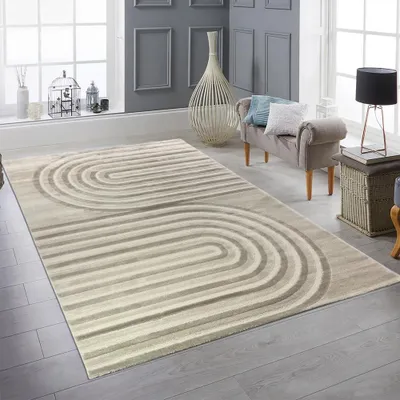 Image de Tapis à poils courts moderne crème beige rayé doux effet brillant facile d'entretien salon chambre couloir taille - 200 x 290 cm