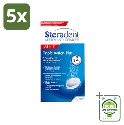Produktbild von 5 x Steradent Triple Action Plus Gebissreiniger – 90 Tabletten - Großpackung - 5 Stücke