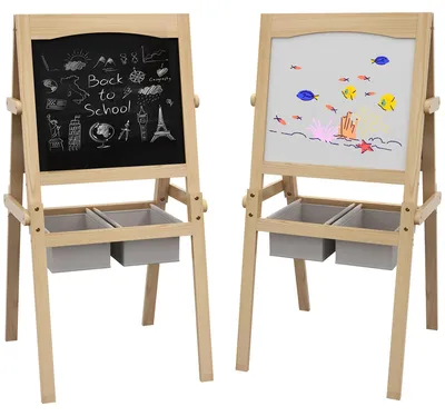 Image de Tableau d'enfant 3-en-1 - Tableau double face en bois et tableau blanc - Avec rouleau de papier et 2 paniers - 58x50,5x109 cm - Jaune