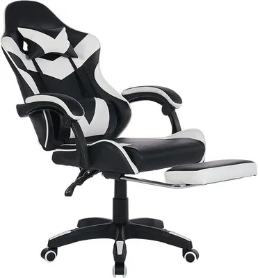 Obrázek produktu pro Ergonomická herní židle s masážní funkcí a opěrkou nohou – kancelářská židle s nastavitelnou výškou, opěrkou hlavy a bederní páteře, otočná o 360°, nosnost 150 kg, barva bílá