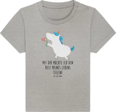 Produktbild von Mr. & Mrs. Panda Babyshirt Einhorn Blume 12. - 18. Monat - Heather Grey - Geschenk, Freundin, T-Shirt Baby, Öko, Partner, Kurzarmshirt, Heiraten, , Liebe, Unicorn