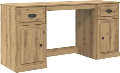 A wooden desk with drawers and cabinets.