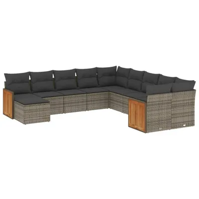 Produktbild von Modulares Garten-Sofagarnitur, 11-teilig, Grau, aus UV-beständigem Poly Rattan & Stahl, mit dunkelgrauen Kissen aus 100% Polyester, abnehmbar & was...