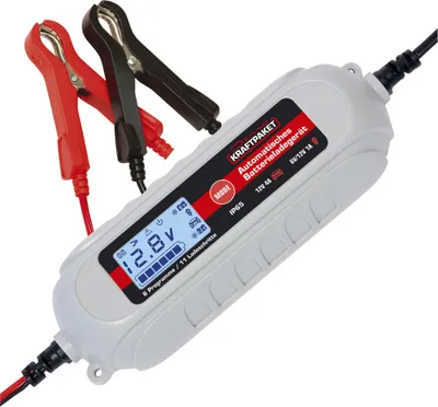 A close-up shot of a car battery charger with its clamps.