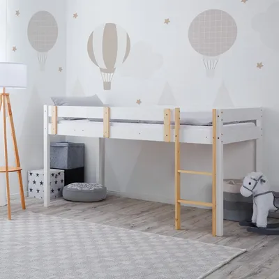Produktbild von Homestyle4u Hochbett Weiß 90x200 Massivholz Kiefer Kinderbett Stockbett Lattenrost