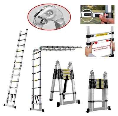 Produktbild von 5M Teleskopleiter Klappleiter Schiebeleitern & A-Rahmen Mehrzweckleiter mit rutschfester Stützstange Teleskop Design Leiter bis 150 kg belastbar