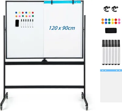 Produktbild von GOPLUS Whiteboard magnetisch mit Ständer, doppelseitiges Whiteboard mit Zubehör Set, Trocken abwischbar, mobiles Whiteboard höhenverstellbar (120 x 90cm, Schwarz)