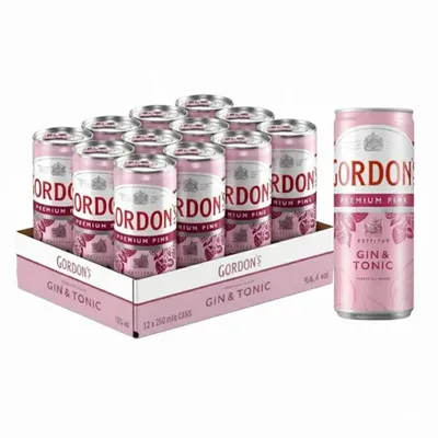 Produktbild von Gordon’s Premium Pink Gin & Tonic 12 x 0,25L – Erfrischender Himbeer Gin Tonic Drink mit Fruchtigem Pink Aroma in Praktischen Dosen