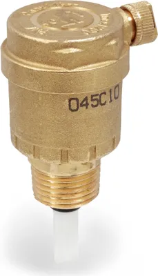 A brass automatic air vent with a white plastic float is shown against a white background.