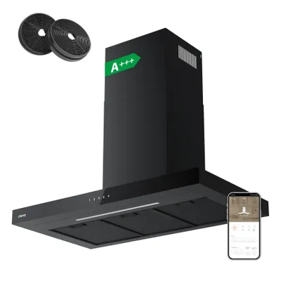 A black range hood is shown with two charcoal filters and a smartphone displaying the control interface.