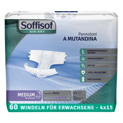 Obrázok produktu pre Plienky Soffisof Air Dry pre dospelých Maxi M - 60x inkontinenčné nohavičky - 4 balenia po 15 plienkach, 9 kvapiek - plienkové nohavičky pre dospelých