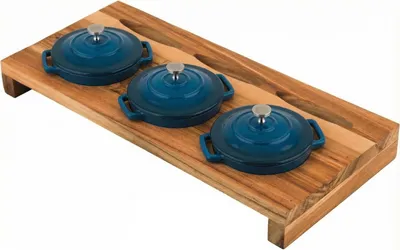 Produktbild von XANTEN Mini-Topf-Set, Durchmesser: 13 x 10 cm, Gusseisen, petrol, inkl. Birkenholz-Tablett für 3 Mini-Töpfe