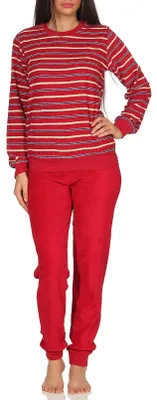 Produktbild von Kuscheliger Frottee Pyjama für Damen mit Bündchen und geringelten Oberteil - 291 13 772 ; rot , 44/46