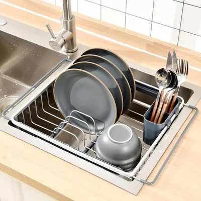 Obrázok produktu pre Odkvapkávač pod kuchynský drez, z nehrdzavejúcej ocele, výsuvný, s držiakom na príbory