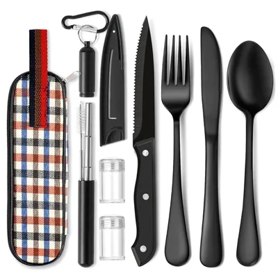 Produktbild von Edelstahl-Besteckset mit Etui,Tragbares Reisebesteck, Wiederverwendbares Gabel-LöFfel-Messer-EssstäBchen-Set,(black)