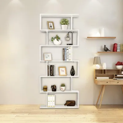 Produktbild von GOPLUS Bücherregal Holz, Standregal mit 6 Ebenen, Ablageregal S-Form, Büroregal Aktenregal Aufbewahrungsregal, für Schlafzimmer, Wohnzimmer (Weiß)