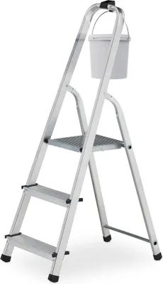 Image de Escalier de cuisine triangulaire à 3 marches, capacité de charge de 125 kg, échelle avec siège, 116 x 40 x 61 cm, argent/noir