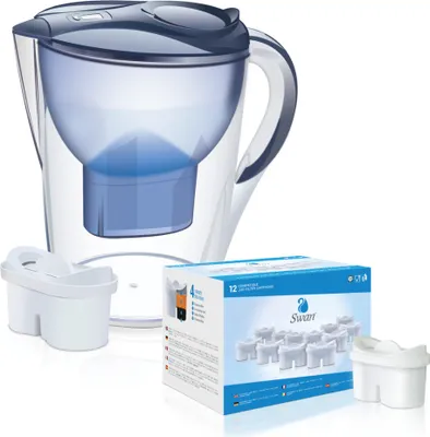 A water filter pitcher and a box of replacement filters are displayed against a white background.