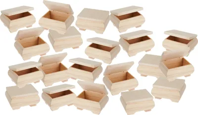 A collection of small, unfinished wooden boxes with lids, arranged in rows on a white background.
