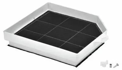A white plastic frame with a black carbon filter grid inside, shown from a slightly elevated angle.