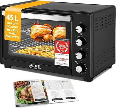 Produktbild von '- Minibackofen 45L 2000W - Mini Backofen Pizzaofen Temperaturregelung bis 230°C & Antihaftbeschichtung - Miniofen 60 Min. Timer, 4 Einschubhöhen, Backblech, Grillrost & Drehspieß