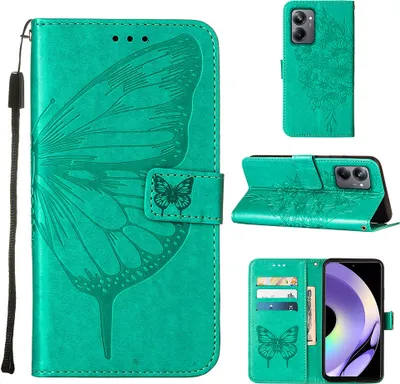 Produktbild von Lederhülle für Realme 10 Pro 5G Schmetterling Prägung Flip Ledertasche Kartenfächer Handyhülle mit Ständer Grün