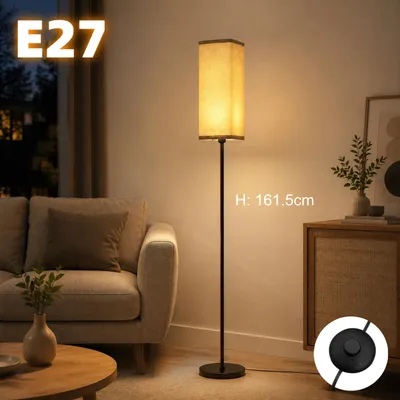 Produktbild von Moderne Stehlampe mit Leinen-Stoffschirm & Fußschalter, Minimalistische LED Standleuchte E27, Ecken-Leselampe Schwarz Metall für Wohnzimmer, 162 cm.