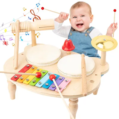 Image de Omgoods - Tambour en bois pour enfants, ensemble 10 en 1