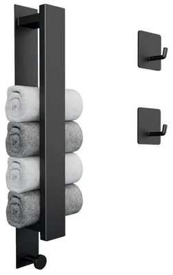 Image de Porte-serviettes sans percer, Porte-serviettes pour invités autocollant, Barre porte-serviettes en acier inoxydable pour montage mural avec 2 crochets pour serviettes pour salle de bain et cuisine (40cm,Noir mat)