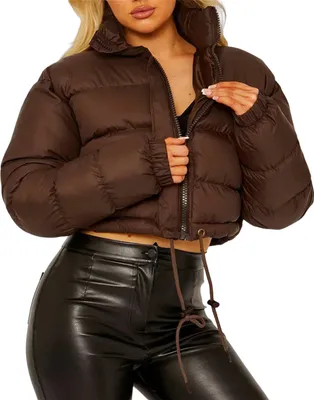 Produktbild von ASKSA Damen Puffer Jacke Kurz Stehkragen Gesteppte Cropped Dicke Winterjacke Outdoor, Kaffee, S
