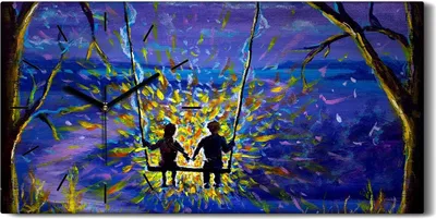 Produktbild von Leinwand Uhr Küche Wohnzimmer Bild 60x30 Kunst Paar auf einer Schaukel im Wald - schwarze Hände