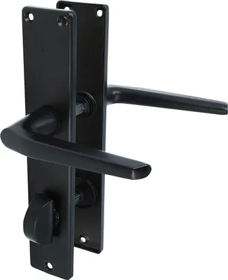 A black door handle set on a white background.