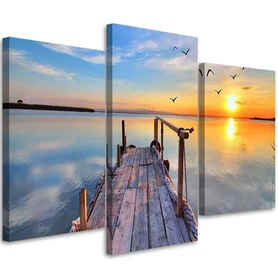 Produktbild von Triptychon auf leinwand sonnenuntergang über dem see 120x80 cm Feeby orange wandbild bereit zum aufhängen