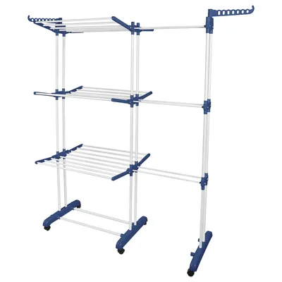 Image de Séchoir à linge pliable à 3 niveaux Séchoir à linge mobile avec ailes latérales Extensible 75-142.5*64*170cm Bleu + Blanc